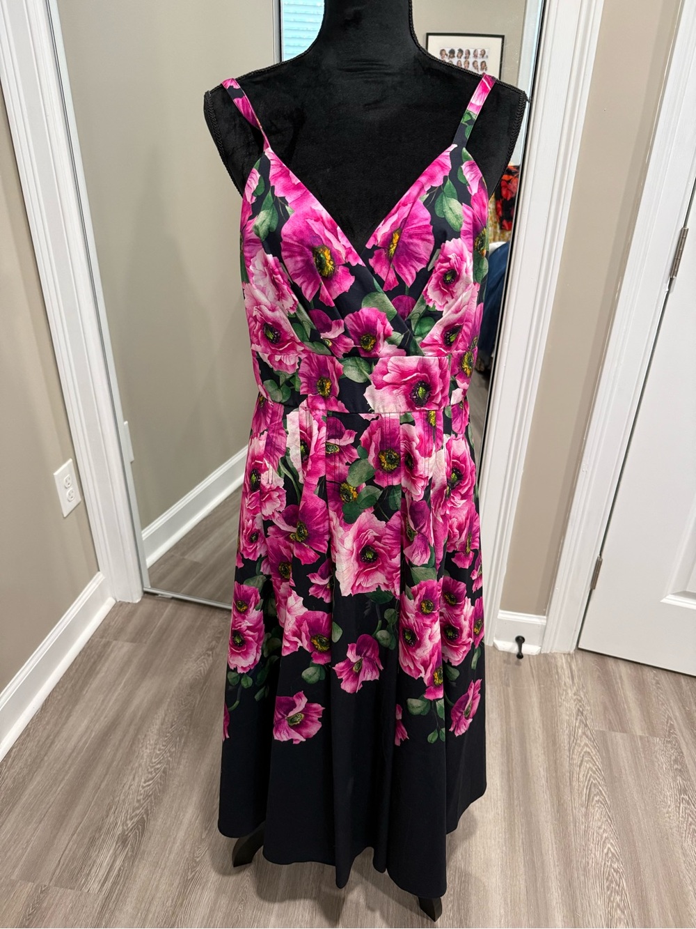 Boston Proper Black Midi Dress with Pink Floral Print